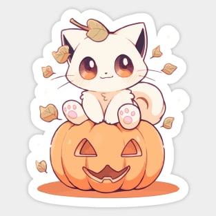 White kitten sitting on a pumpkin Sticker